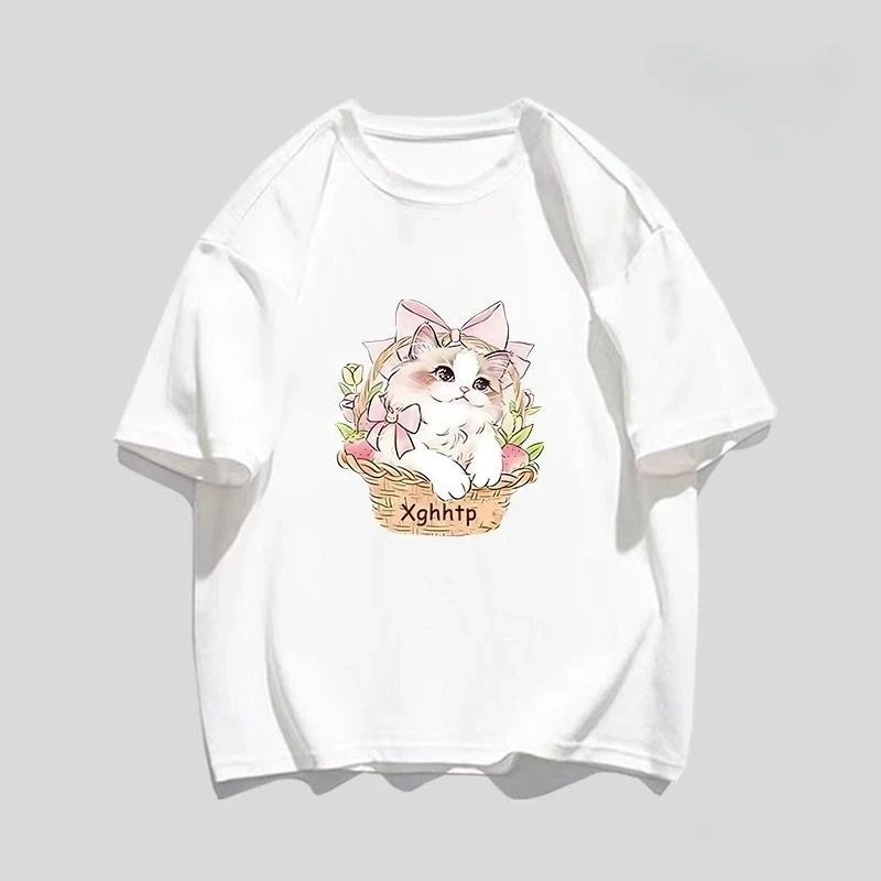 American Sweet Cat Print Polyester Fiber Ins Versatile Summer Unisex Casual T‑Shirt Short Sleeve Fashion Trendy Outfit