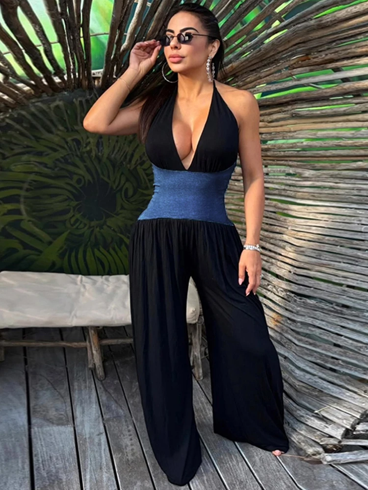 Aneh Puss Kontras Patchwork Lebar Kaki Jumpsuit Wanita Renda Halter Leher Rendah Punggung Terbuka Tanpa Lengan Ritsleting Ruched Fashion Overall