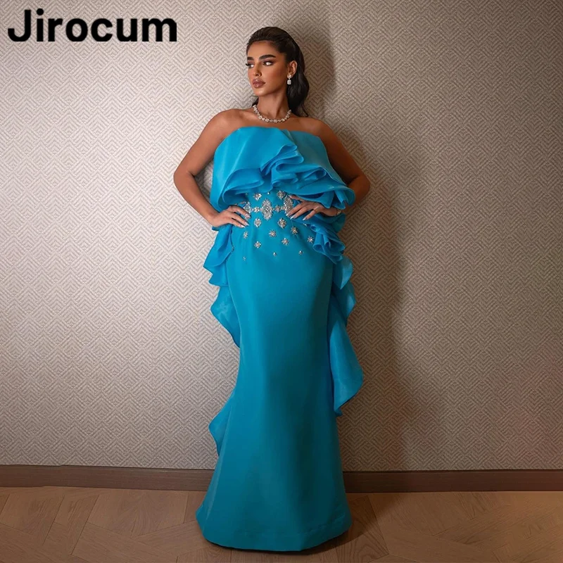 

Jirocum Elegant Mermaid Prom Dress Sweet Blue Crystal Ruffle Party Evening Gown Floor Length Saudi Arabia Formal Occasion Gowns