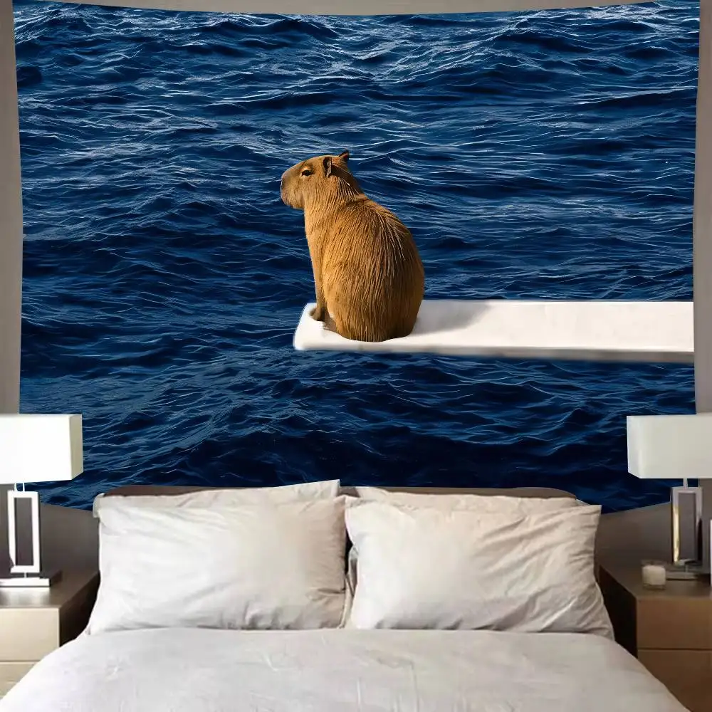Capybara Ocean View Tapestry Funny Meme Rodent Sit On Boat Blue Sea Water Landscape Cute Animal Bedroom Background Decor