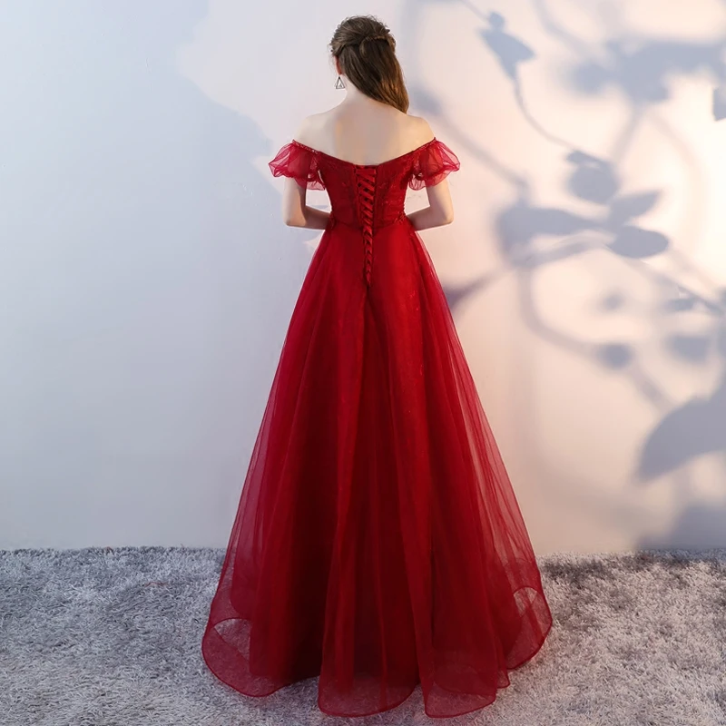 F299 Pregnant Women's Empire Waist Wedding Dresses Floor Length Sexy Off-Shoulder Long Wine Red Tulle Netting Evening Dress