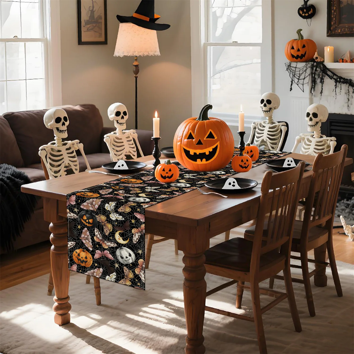 شبكة عنكبوت بوهو للهالوين مع عث اليقطين والنجوم لتزيين المطاعم ومفرش طاولة للحفلات والمناسبات الاحتفالية والنهار المقدس د