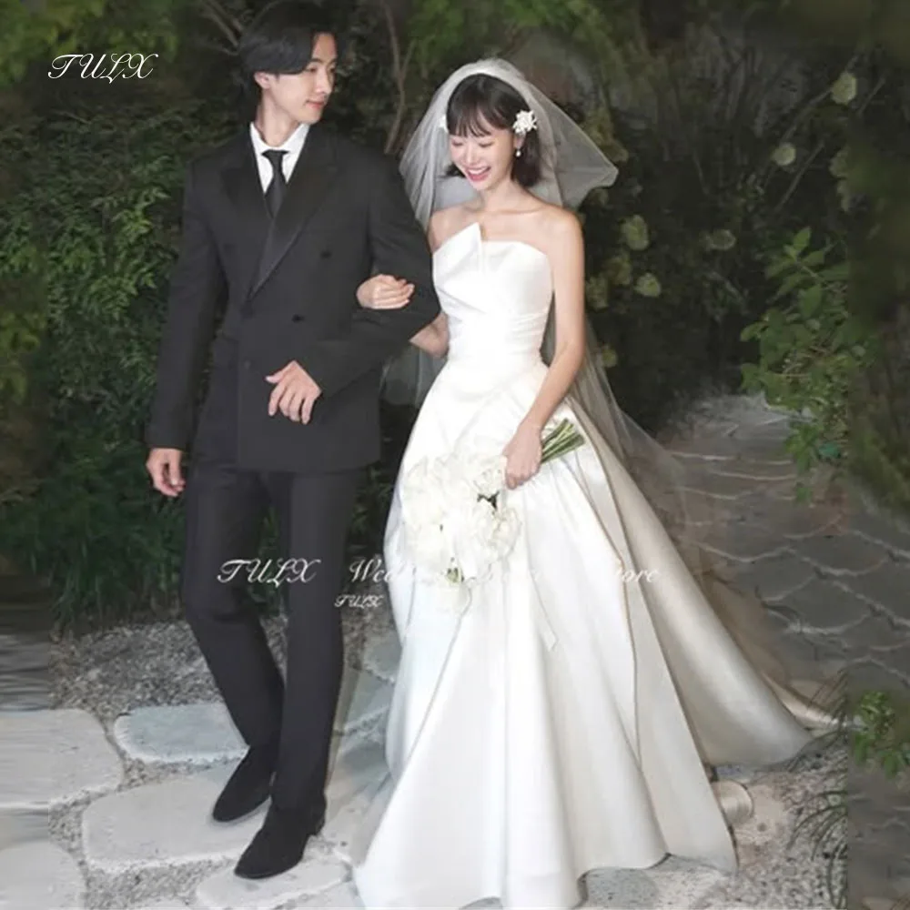 Tulx elegante träger lose Korea Satin Hochzeit Garten Fotoshooting Korsett zurück boden lange Falte Brautkleid maßge schneidert