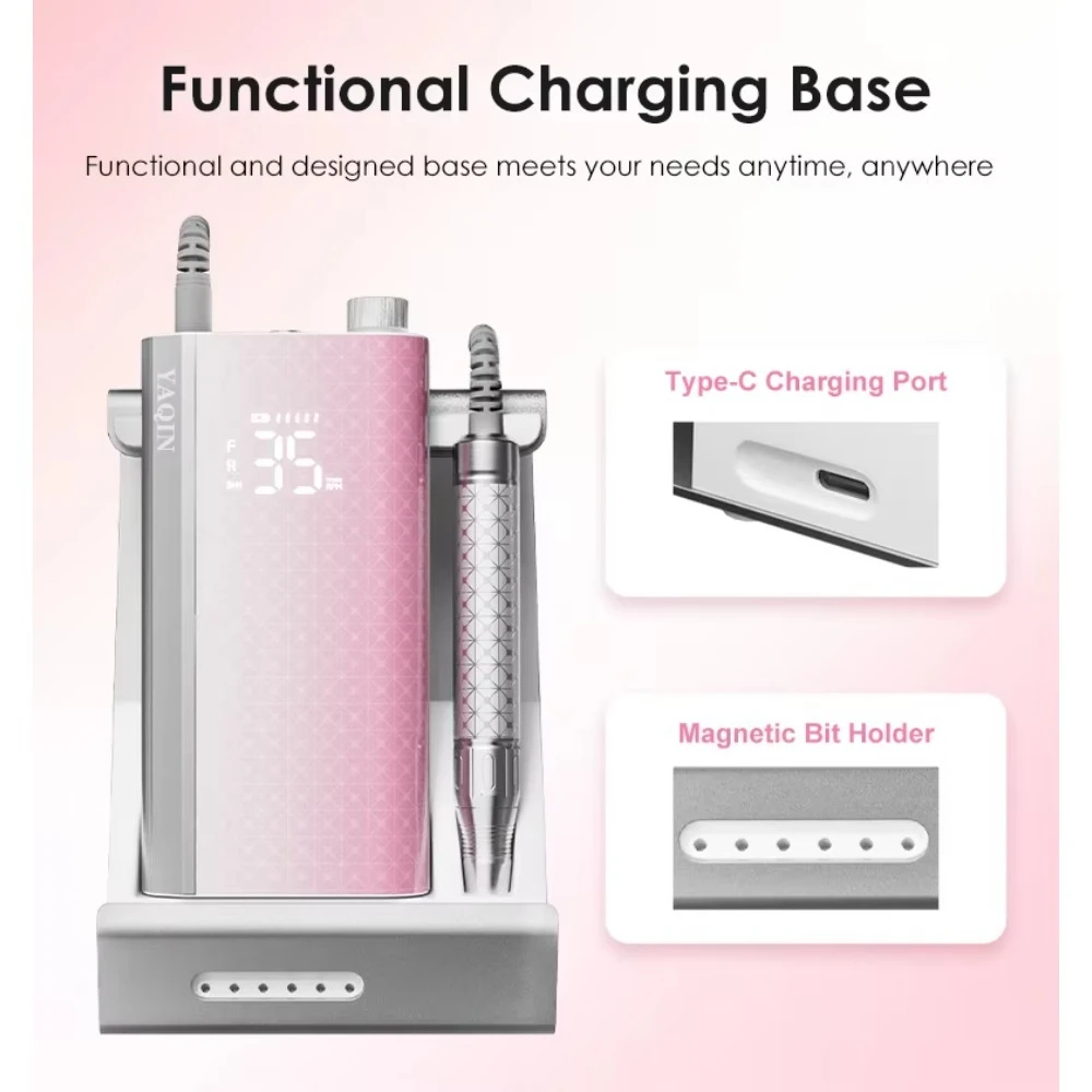 Máquina de Manicure Elétrica Série Pretty Pink 60W Recarregável 35000RPM Lixadeira de Unhas Sem Escova Conjunto de Máquina de Perfuração de Unhas