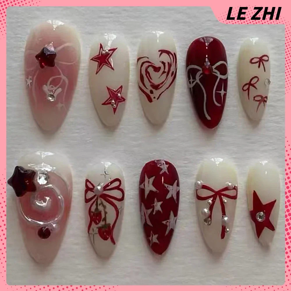 Imagem -03 - Handmade Almond Curto 3d Flower Nail Press on Nail Adequado para o Trabalho Arco Pintado à Mão Pentagrama Diamond Nails Birthday Party Stickers