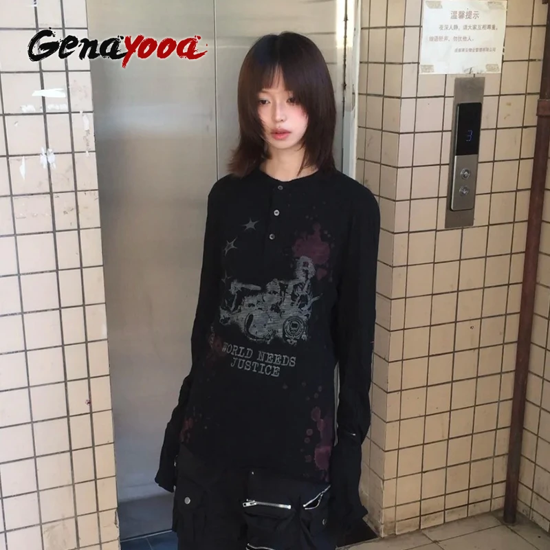 

Genayooa Y2k Vintage Grunge Tops Long Sleeve Casual Loose Tee Tops Streetwear 2000s Japanese T-shirt Women Print Graphic Tops