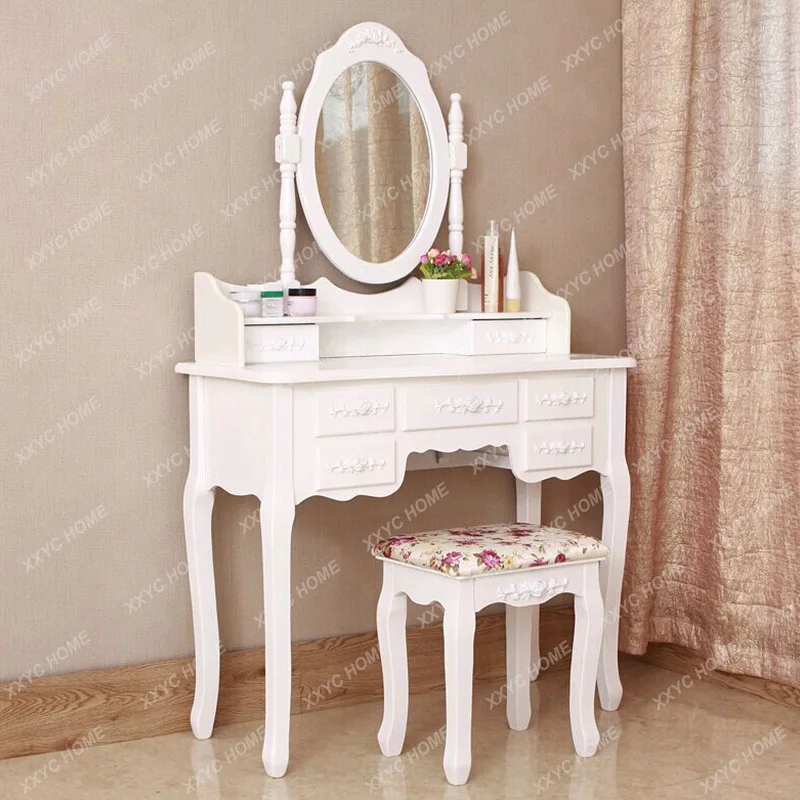 European Style Dressing Table White with Mirror with Stool Dressing Table Multi-Purpose Bedroom Dressing Table