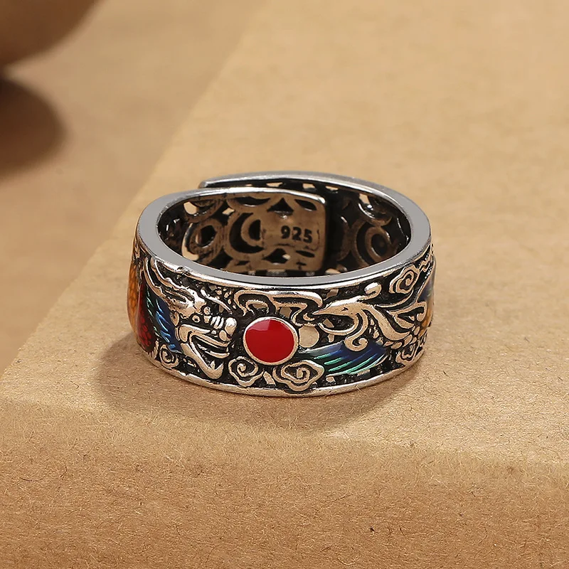 

Vintage ethnic style dragon and phoenix auspicious ring for both men and women, vintage craftsmanship, adjustable opening ring