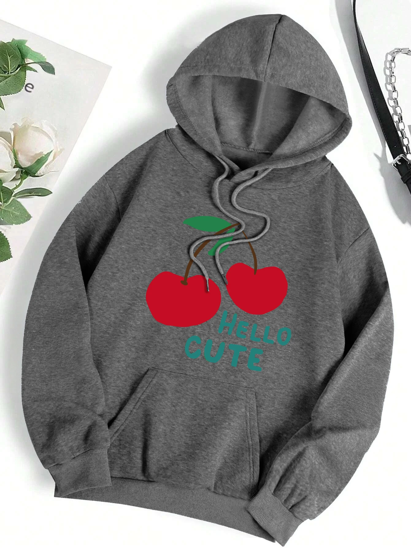 

Hello Cute Cherry Printing Women Hoody Street Hip Hop Hoodie Casual Fleece Sportswear Comfortable All-Match Female Hoodies