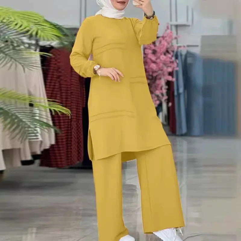 Muslim women's two-piece sportswear with parallel bars elegant temperament solid color long sleeved shirt wide leg pants set