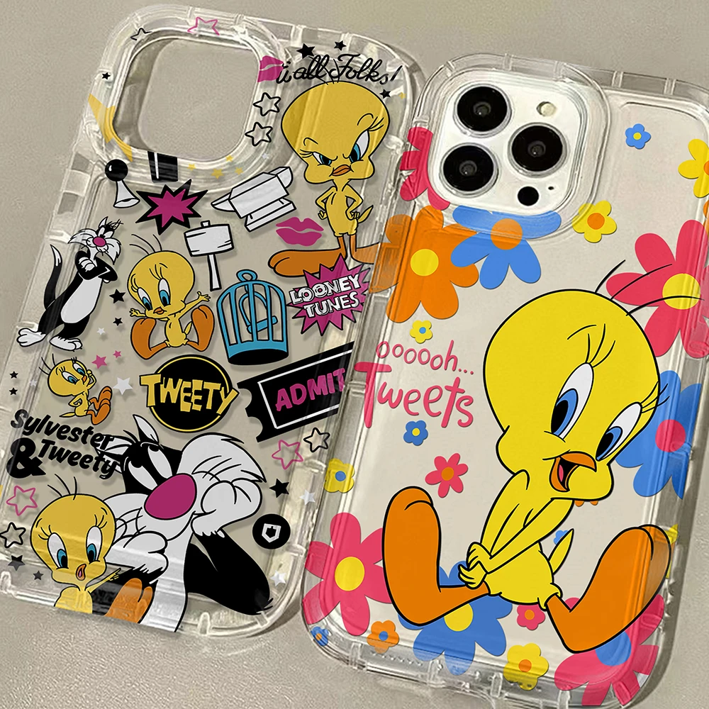 Cartoon Tweetys-Bird-Piolins Phone Case for iPhone 16 15 14 13 12 11 Pro Max 8 Plus X XR XSMax Airbag Anti Fall Clear Back Cover