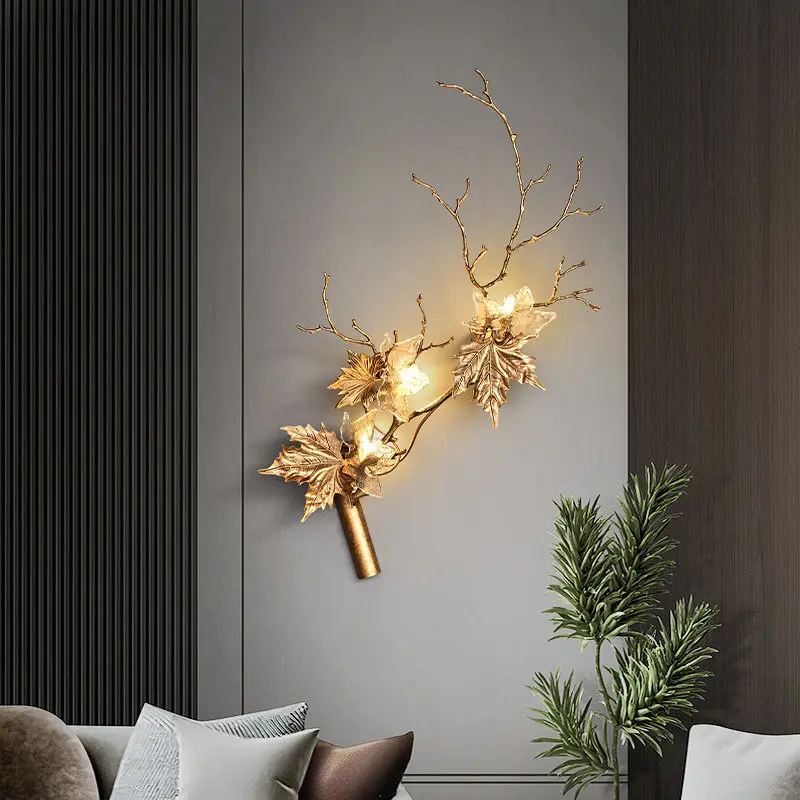

New Chinese-style all-copper bedside wall lamp New creative Maple leaf light luxury TV background wall Living room be