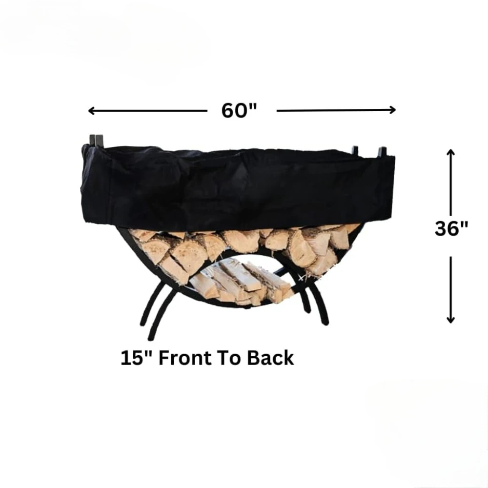 5 Foot Black Crescent Firewood Rack With Cover - Heavy Duty Made In USA - Powder Coated Steel Wood Holder