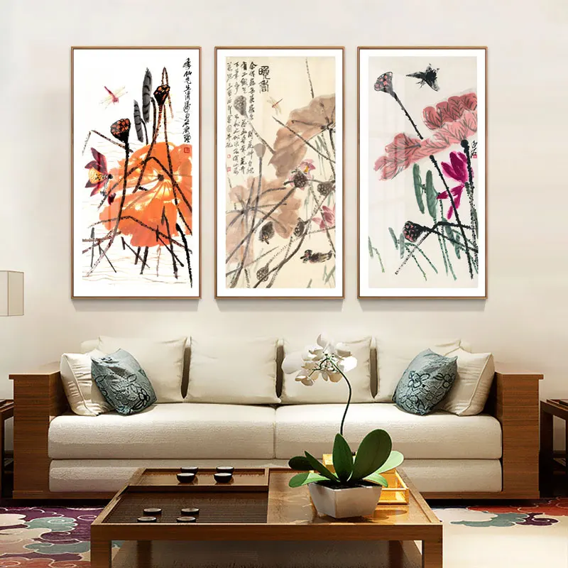 Chinese style canvas painting ink art combination decorative painting Chinese painter Qi Baishi large-scale vertical art mural