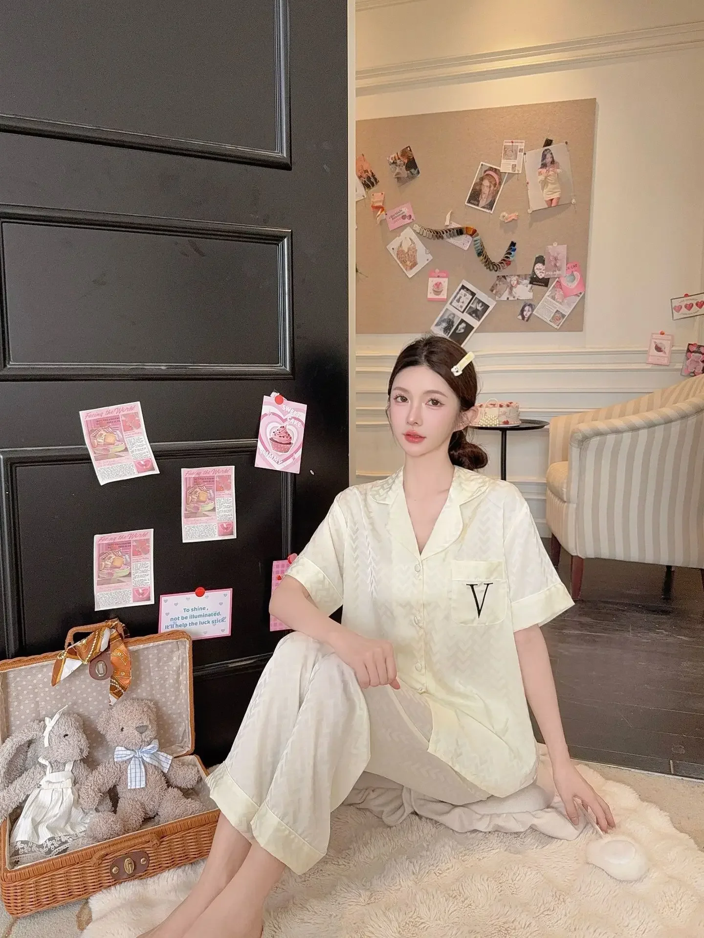

New Chinese Style Female Pajamas Set Elegant Jacquard Satin Home Wear Sleepwear Spring Summer Short Sleeve Trouser Suits Pyjama