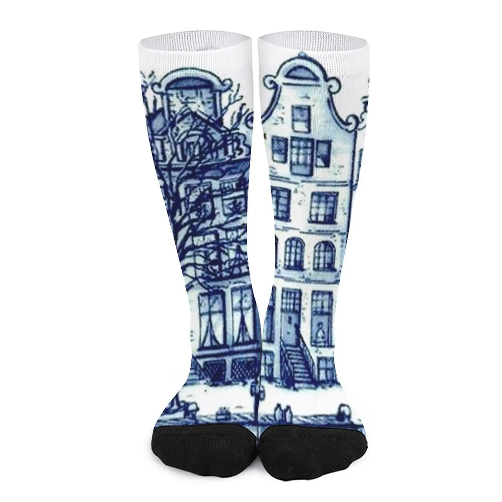 DUTCH BLUE DELFT : Vintage Boats in Canal Amsterdam Print Socks Crossfit socks socks for Women Stockings compression socks