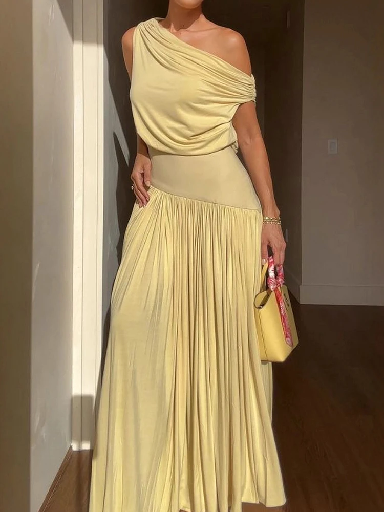 

Новое простое праздничное платье в стиле пэчворк с косым воротником, женское летнее однотонное шикарное вечернее платье без рукавов, повседневное элегантное женское платье 2025 года