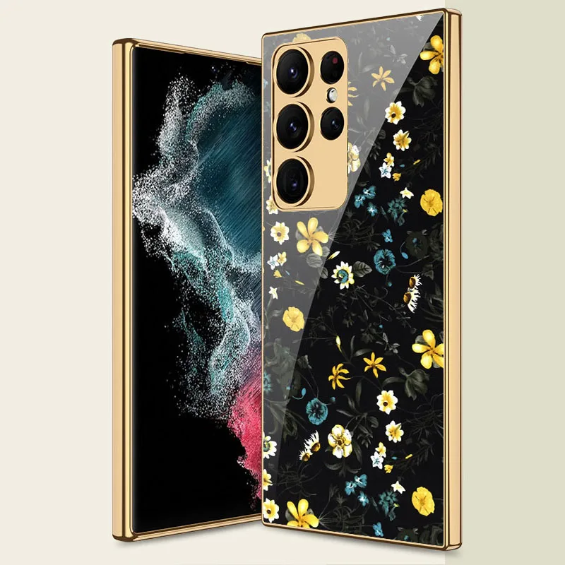 Luxury Plating Tempered Glass Case For Samsung Galaxy S24 Ultra Painted Glass Anti-knock Hard Cover For Galaxy S24 Ultra Case