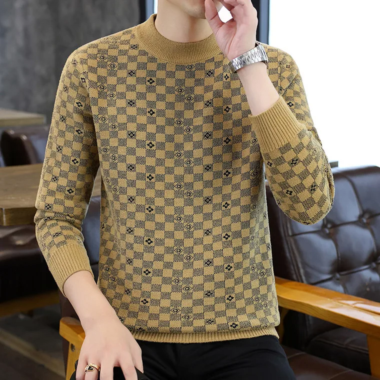 

Мужской вязаный свитер в клетку с круглым вырезом, повседневный стиль, из полиэфирного волокна, утолщенный, осенне-зимняя новинка, для ношения под одеждой, приталенный крой