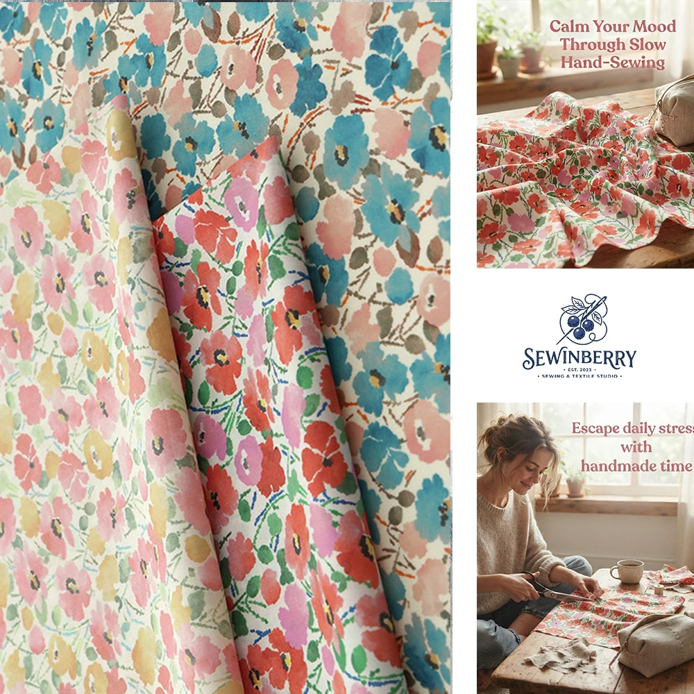 Watercolor Floral Printed Cotton Fabric Stress-Relief DIY Sewing Material For Dress Blouse Fat Quarter Patchwork Handcraft