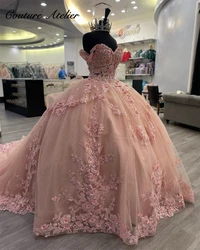 Beaded Lace Apppliques Light Pink Tulle Quinceanera Dresses Off Shoulder Ball Gown Sweet Sixteen Dress Wedding Gowns Customized