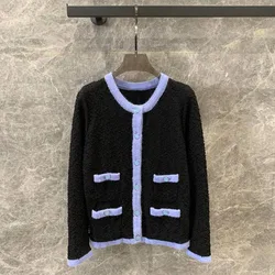 2024 New Autumn Fashion Contrast Patchwork Stripes Knitted Cardigans Women O-neck Long Sleeve Buttons Sweet Mohair Sweater