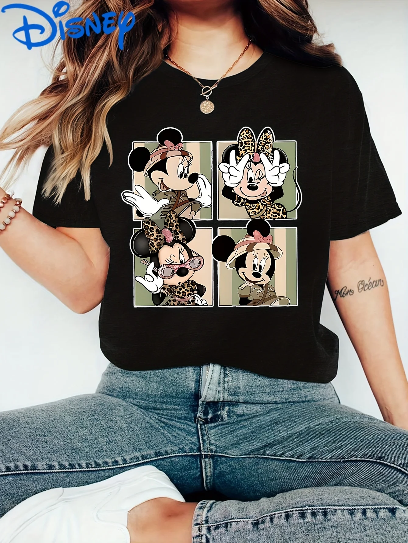 T-shirt da donna stampata con motivo Disney Minnie - Verde oliva, maniche corte da uomo e da donna, girocollo, elasticizzata