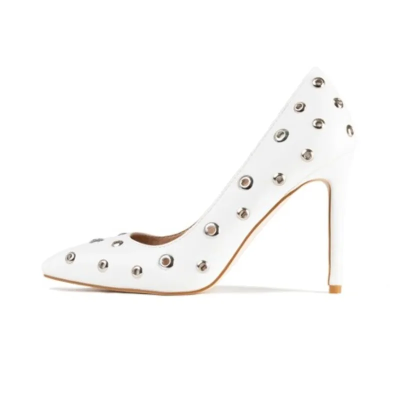 

10cm Heel Pointed Sandal Rivets Metal Circular Holes Summer Pumps Leather Professional Office Lady Sandals 36-43 Women's Shoes