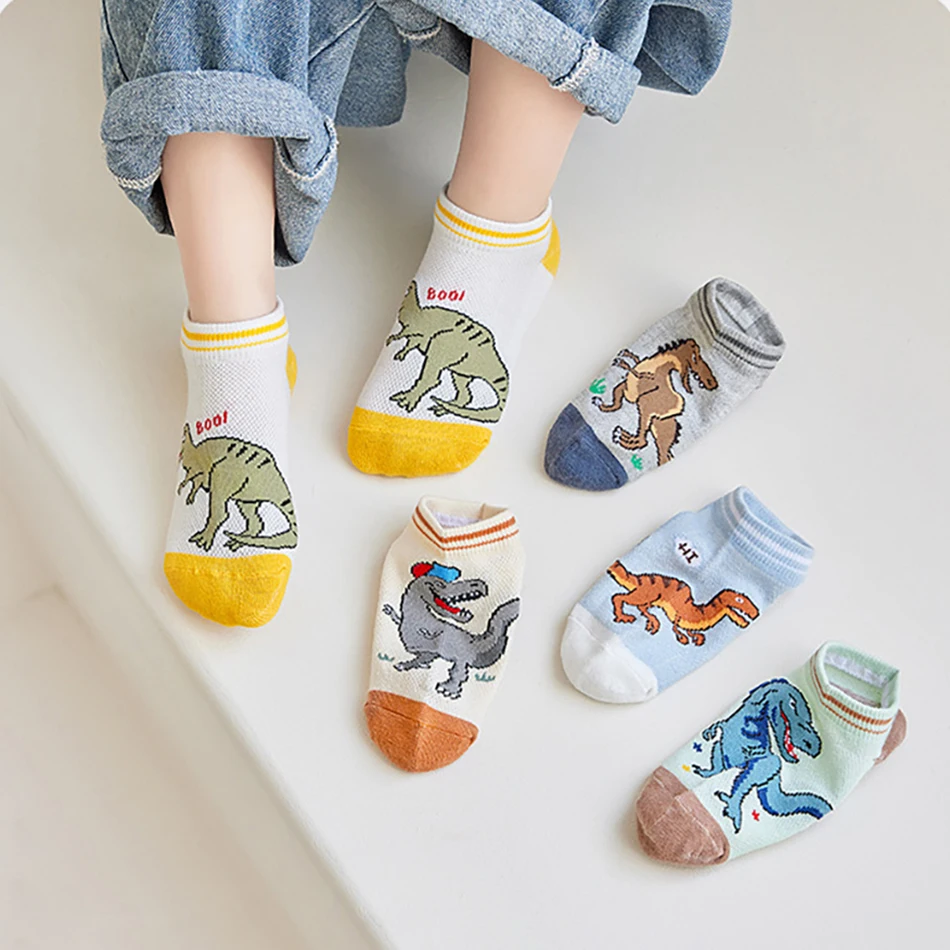 

5 Pack Soft Comfortable Infant Boys Socks with Breathable Mesh Sweet Dinosaur Pattern Print Thin and Ideal for Spring and Summer