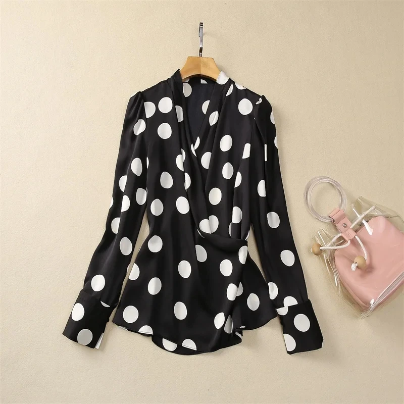 

High Quality New Chiffon Blouses 2024 Spring Summer Style Women V-Neck Polka Dot Prints Long Sleeve Elegant Work Blouse Female