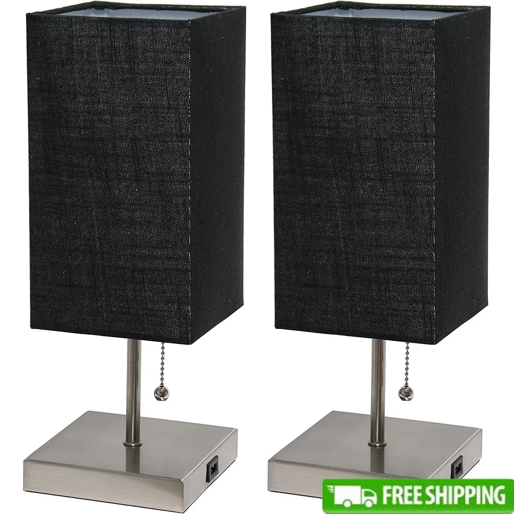 

USB Charging Bedside Lamp Set 2 Pack Brushed Steel Metal Base Rectangular Fabric Shade Table Lamps E26 Bulb Compatible