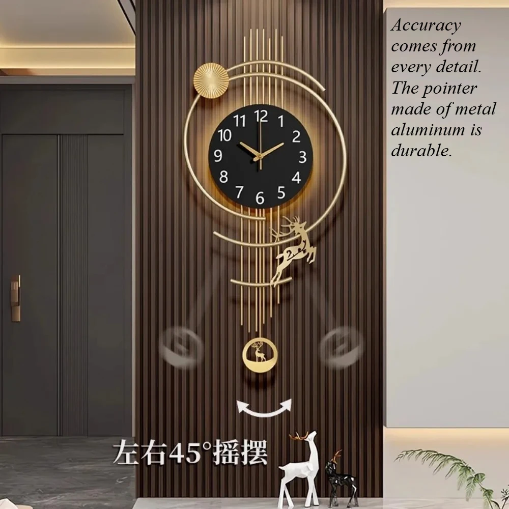 Ambient Light Swinging Deer Design Wall Clock Metal Scratch Resistant Aluminum Pointer Wall Clock Living Room Simple furniture