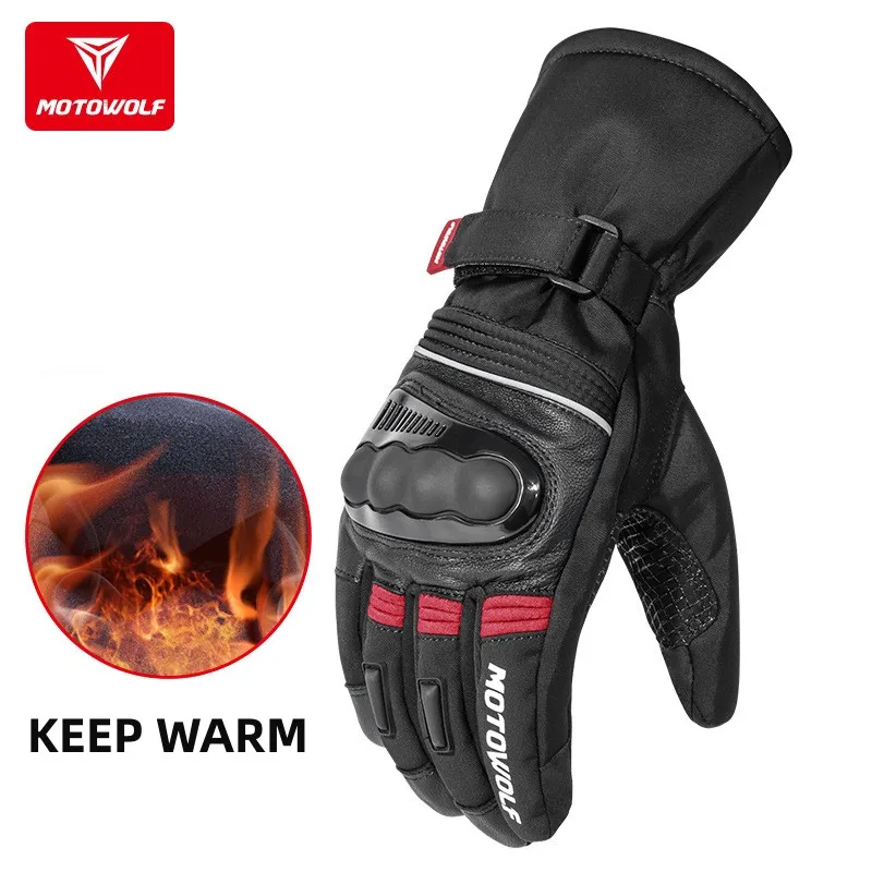 Motowolf Winter Thermal Motorcycle Gloves Men Waterproof Touchscreen Leather Biker Gloves Windproof Full Finger Gloves