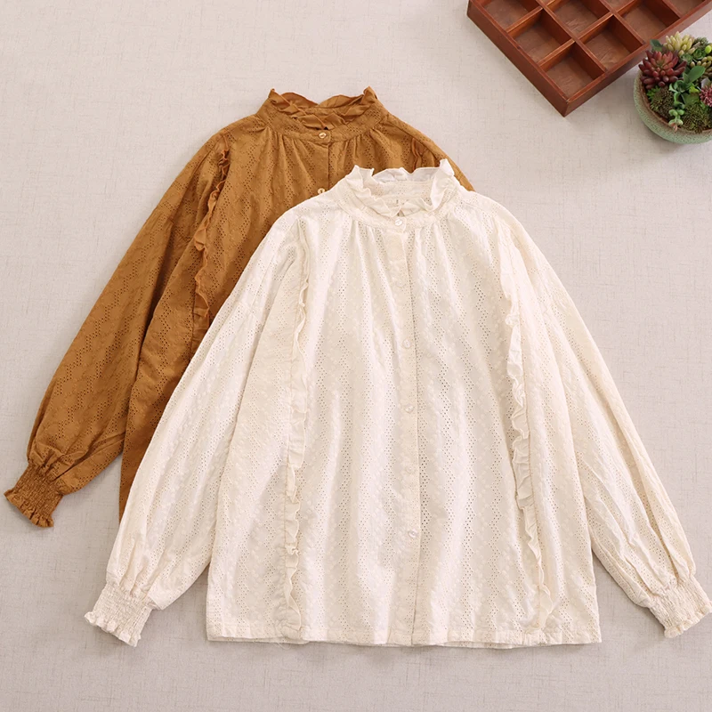 

Japanese Sweet Mori Girl Embroidery Hollow Out Solid Color Shirts Women Spring Autumn Stand Collar Long Sleeve Casual Loose Tops