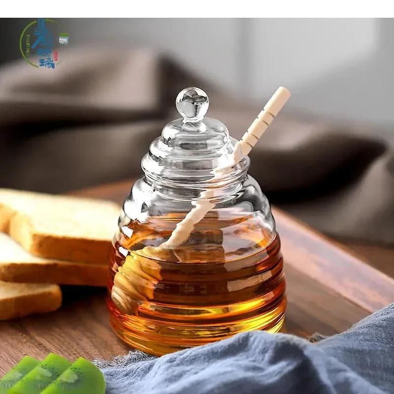 

Glass Honey Jar with Lid Transparent Jam Striped Bottle Home Kitchen Storage Container Mixing Rod