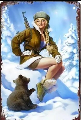 GUN METAL TIN SIGN SEXY RUSSIAN PIN UP IN SNOW WITH BEAR CUB SEXY LEGS MAN CAVE sign