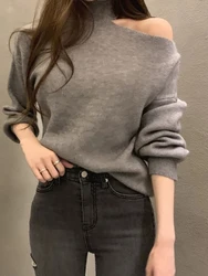 AOSSVIAO 2024 Autumn Winter Women Turtleneck Sweater Oversize Warm Pullovers Sweater Long Sleeve Off Shoulder Loose Jumper