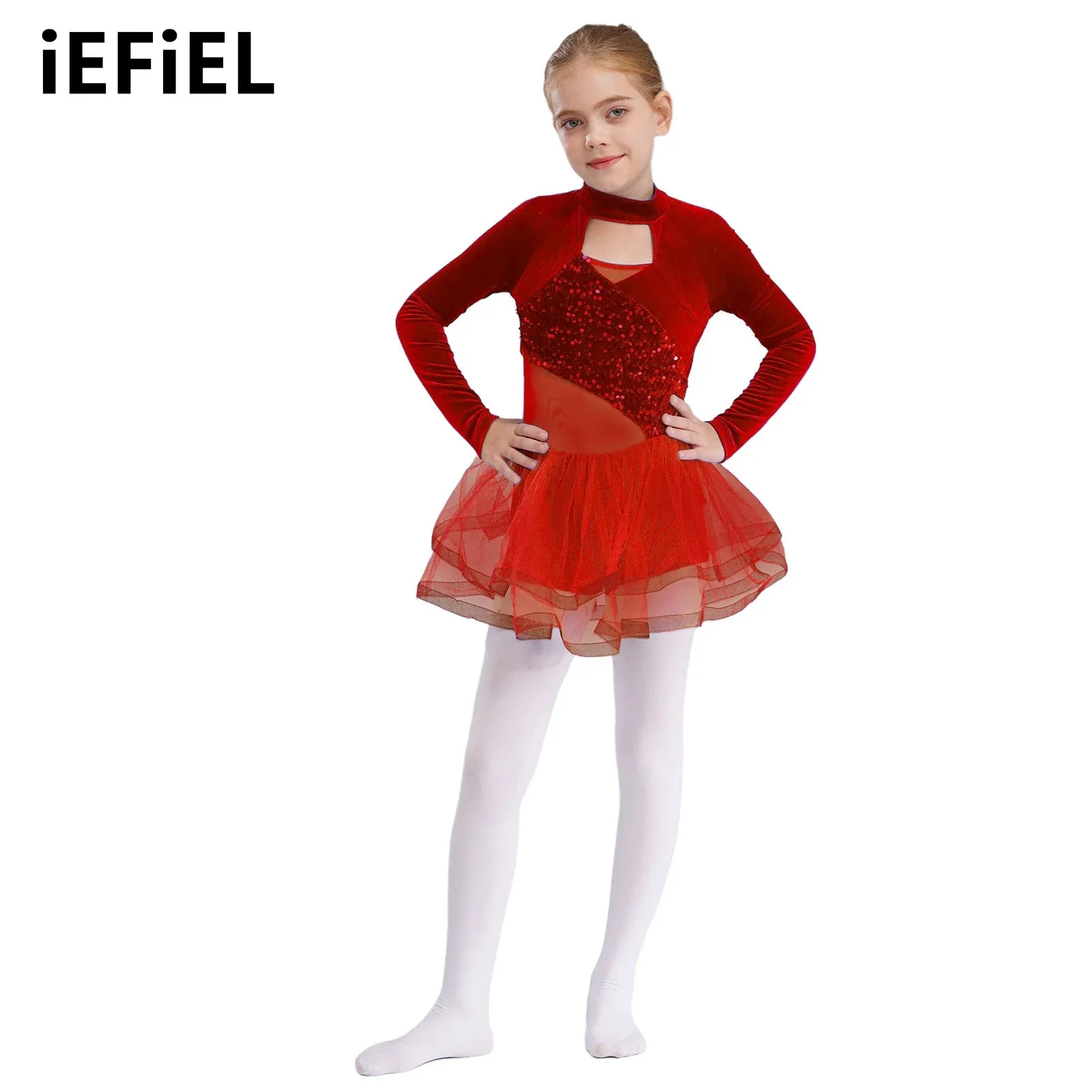 

Kids Girls Sequins Dance Dress Sparkling Dance Dresses Mock Neck Long Sleeve Cutout Velvet Patchwork Tutu Dress