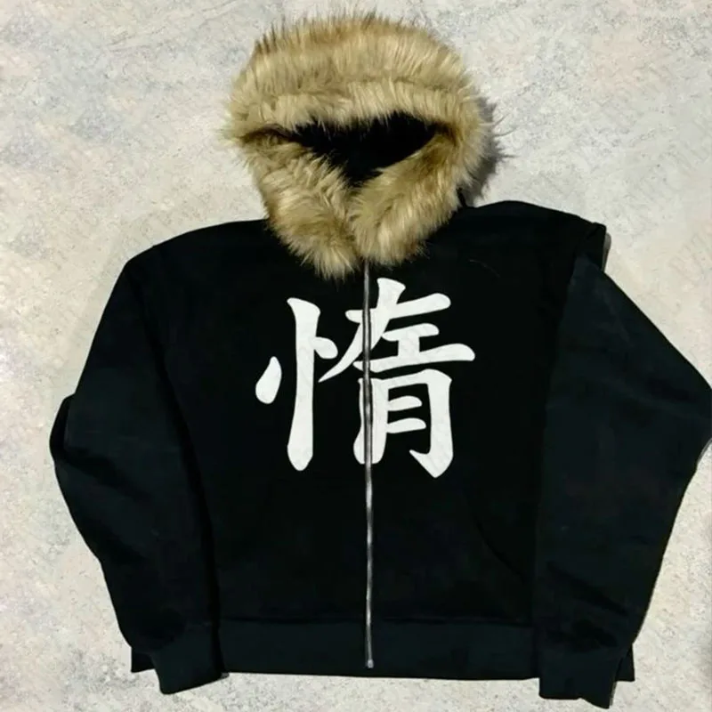 Chaqueta decorativa de estilo europeo y americano con borde de felpa con estampado de texto, chaqueta informal de calle Harajuku KPOP