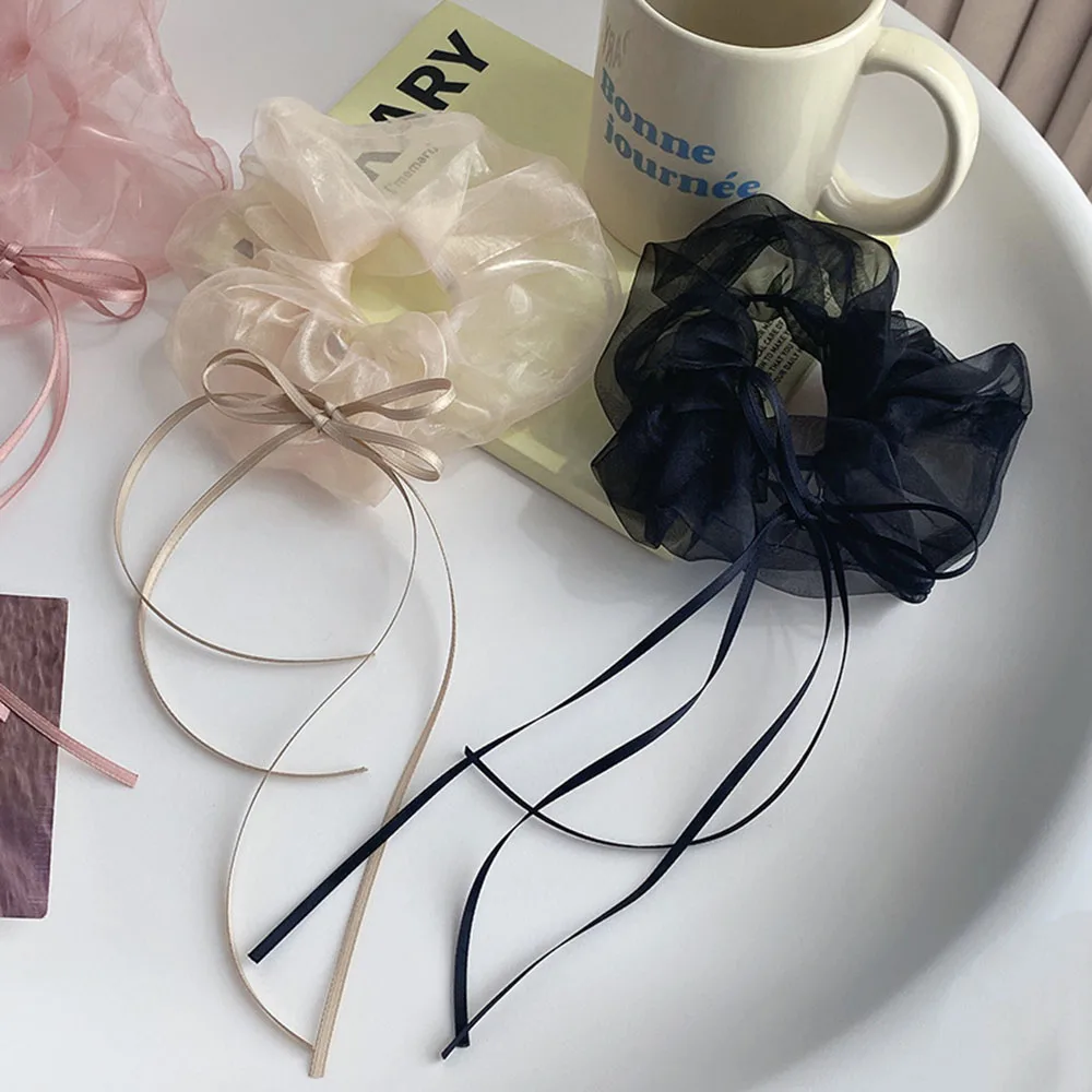 

Korean Women Mesh Scrunchies long Ribbon Bows Hair Rope Fairy Tulle Girls Ponytail Holder Elastic Hair Bands Hair accessories