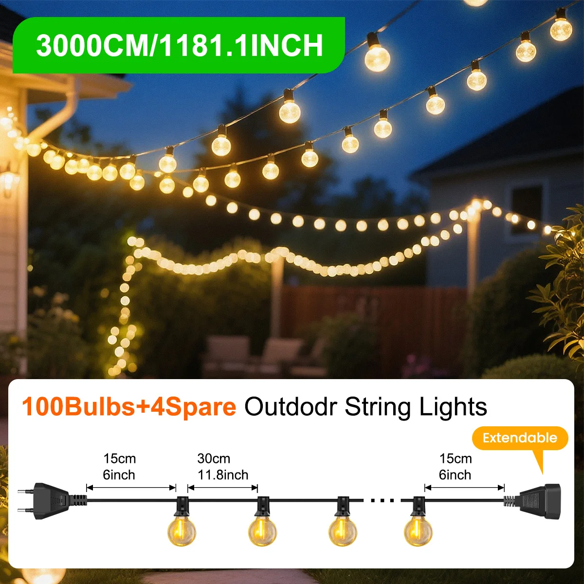 30M/15M G40 LED Globe Lichtslingers Buiten met EU-stekker, waterdichte aaneenschakelbare hanglamp voor feesttuinbalkon