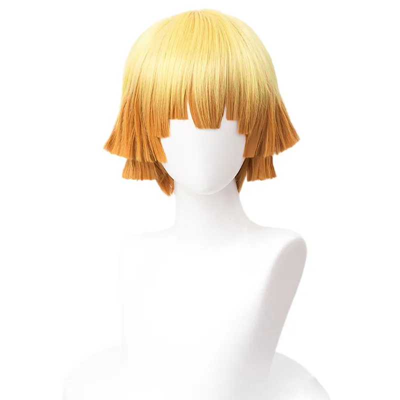 Anime Agatsuma Zenitsu Peluca de Cosplay corta, 30cm, amarillo degradado, naranja, resistente al calor, pelucas sintéticas para hombres, Halloween + gorro de peluca