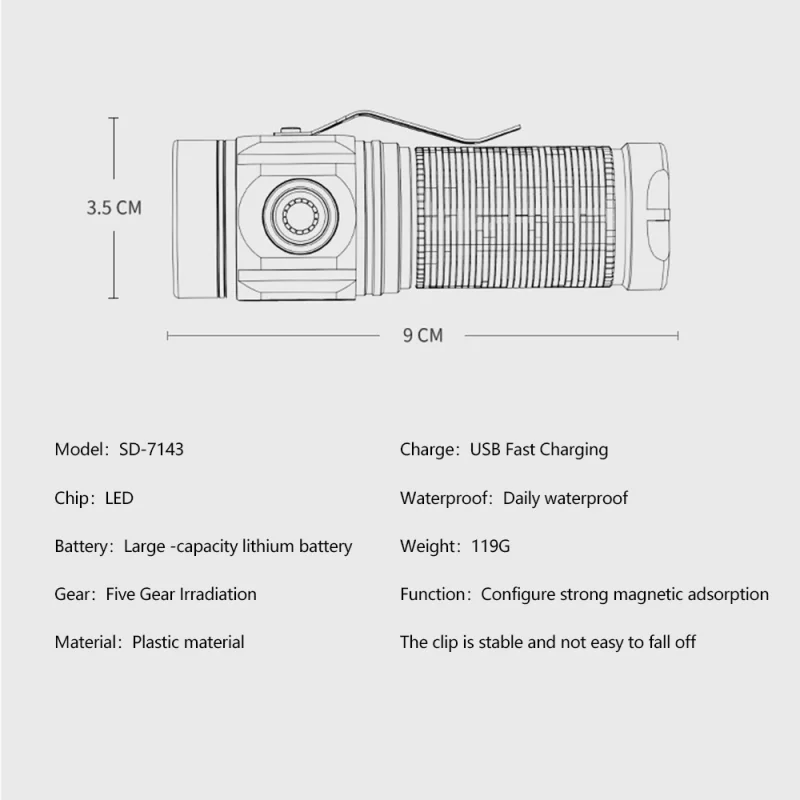 Smiling Shark SD7143 Mini Portable Flashlight, Super Bright Torchlight, with Magnetic Metal Clip, Type-C Rechargeable, Outdoors