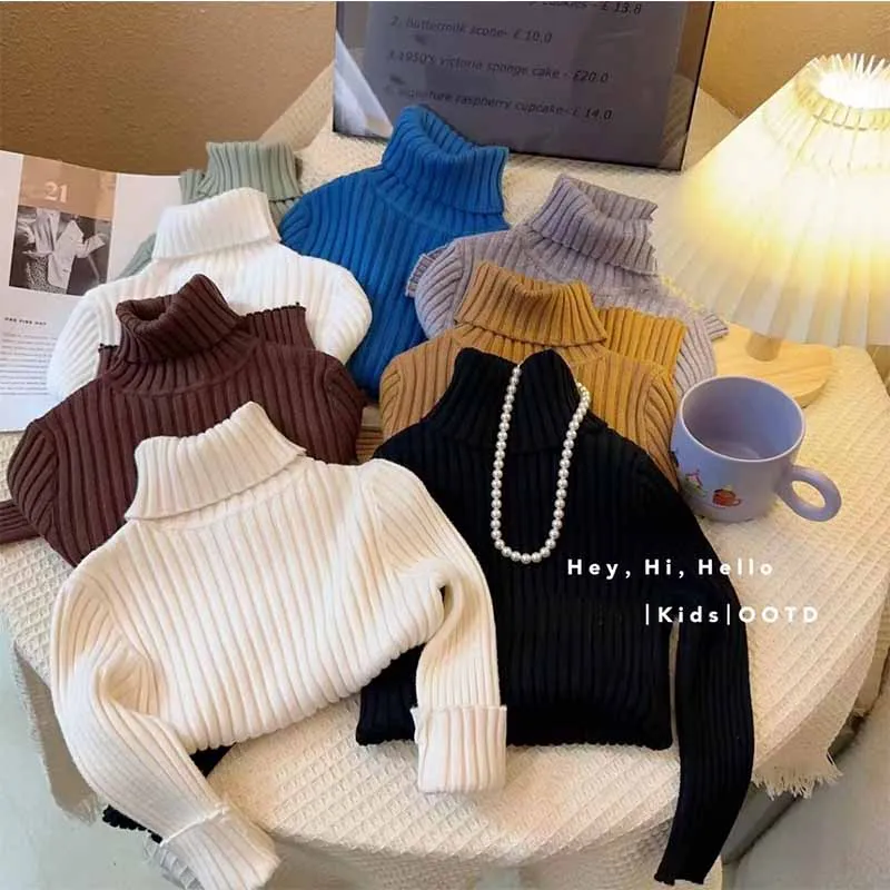 

Children's Turtleneck Sweater Boys Solid Color Thickened Warm Tops Autumn Winter New Girls Sweet Casual Fashion Clothes 2-8 Year