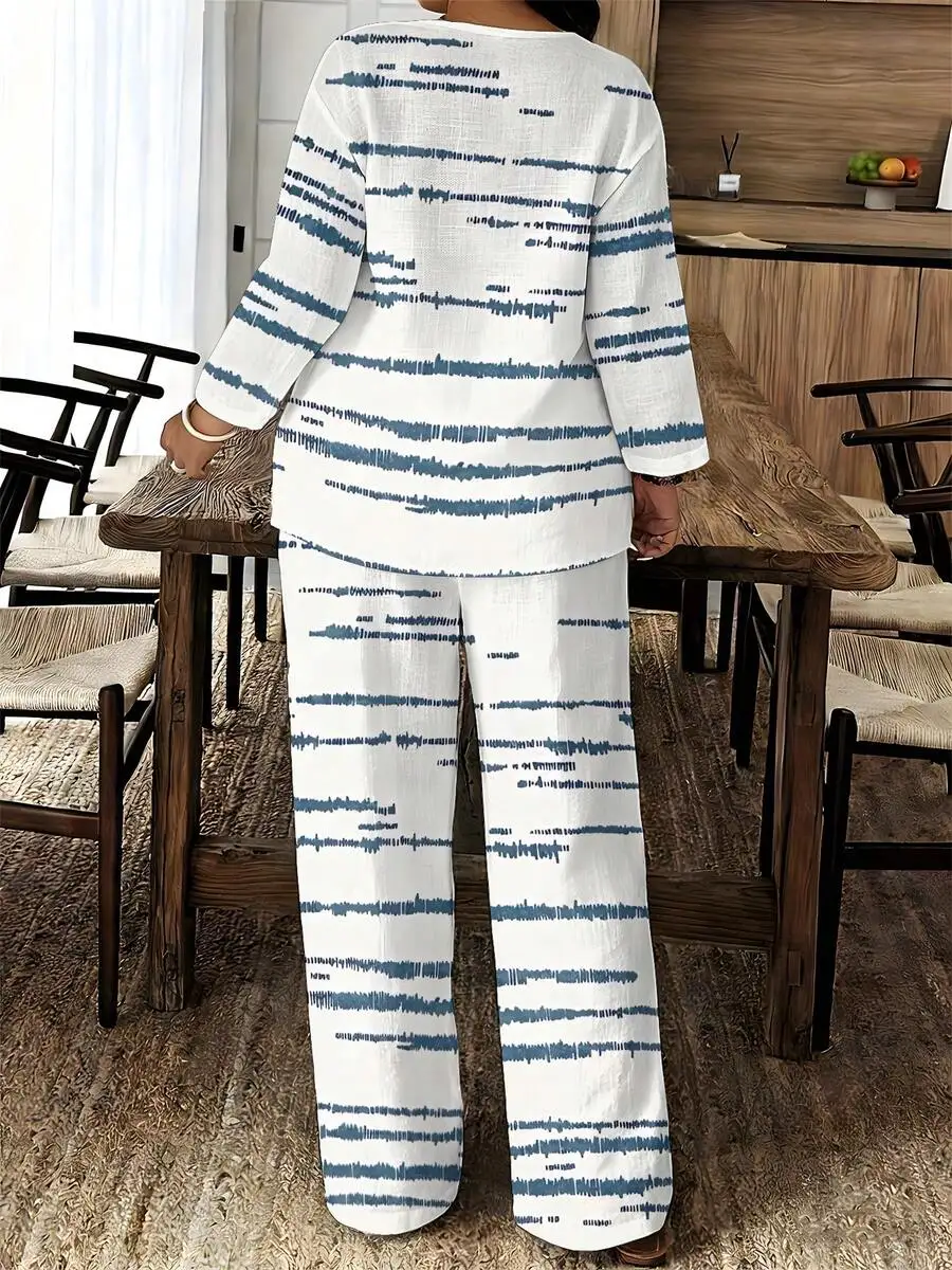 

Womens Linen Cotton Woven Comfortable Breathable Stripe Loose Fit Long Pants Set