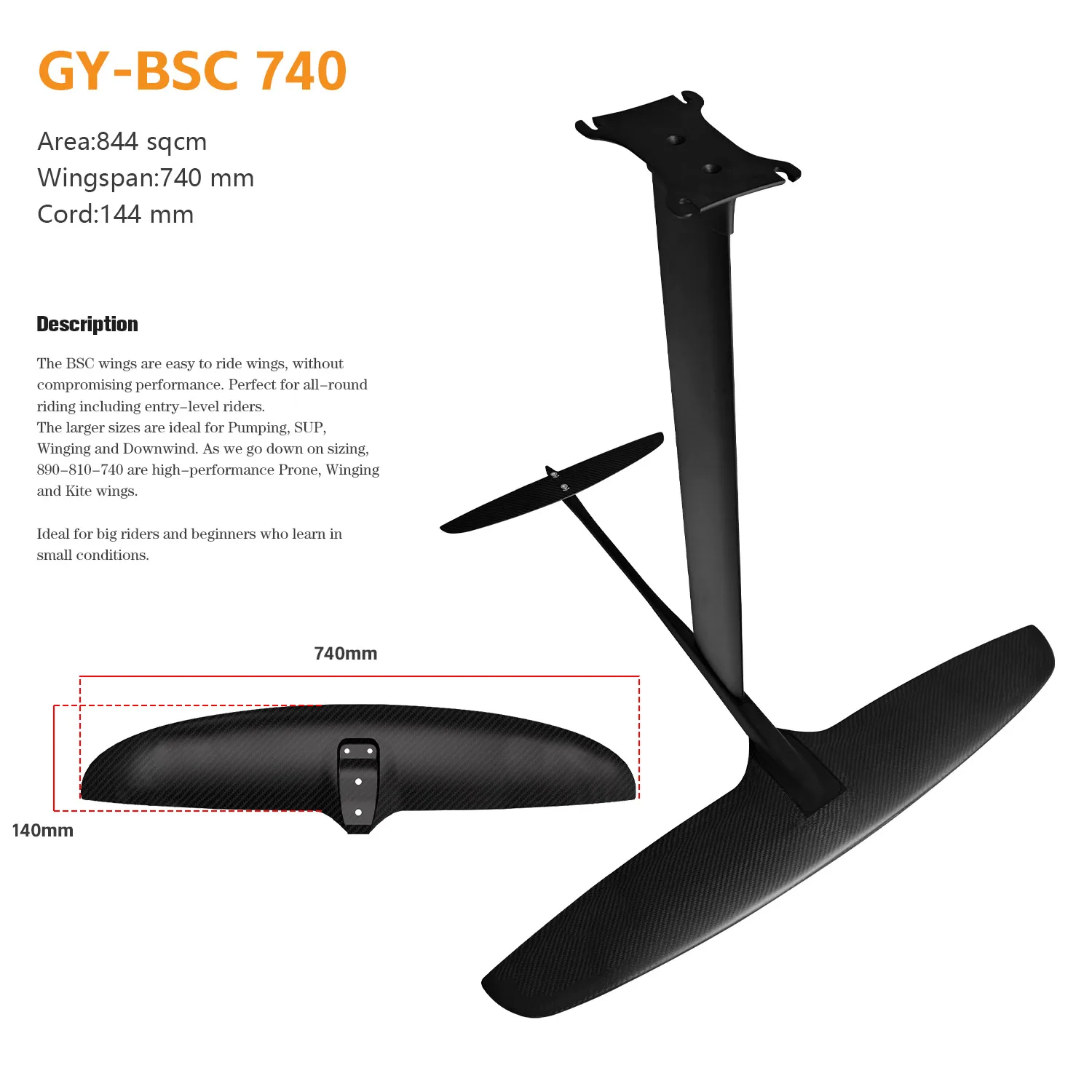 GY- Racing Hydrofoil BSC740 Advanced Carbon Fiber Material 844sqcm Small Size Front Wing Customizable LOGO for Kite Surfing