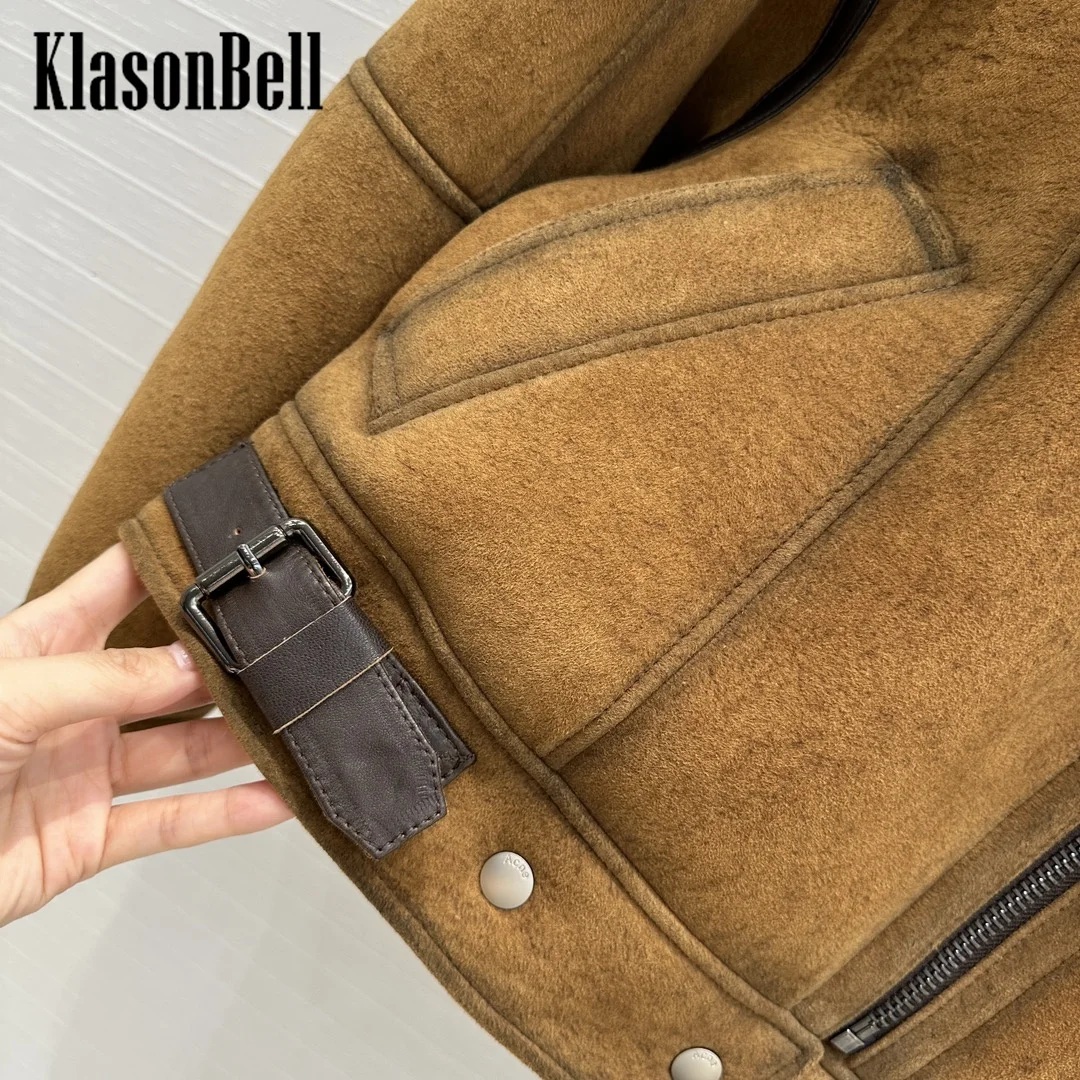 10.9 KlasonBell Women Autumn Winter New Vintage Genuine Leather Spliced Suede Short Jacket Fur Lapel Keep Warm Zipper Coat