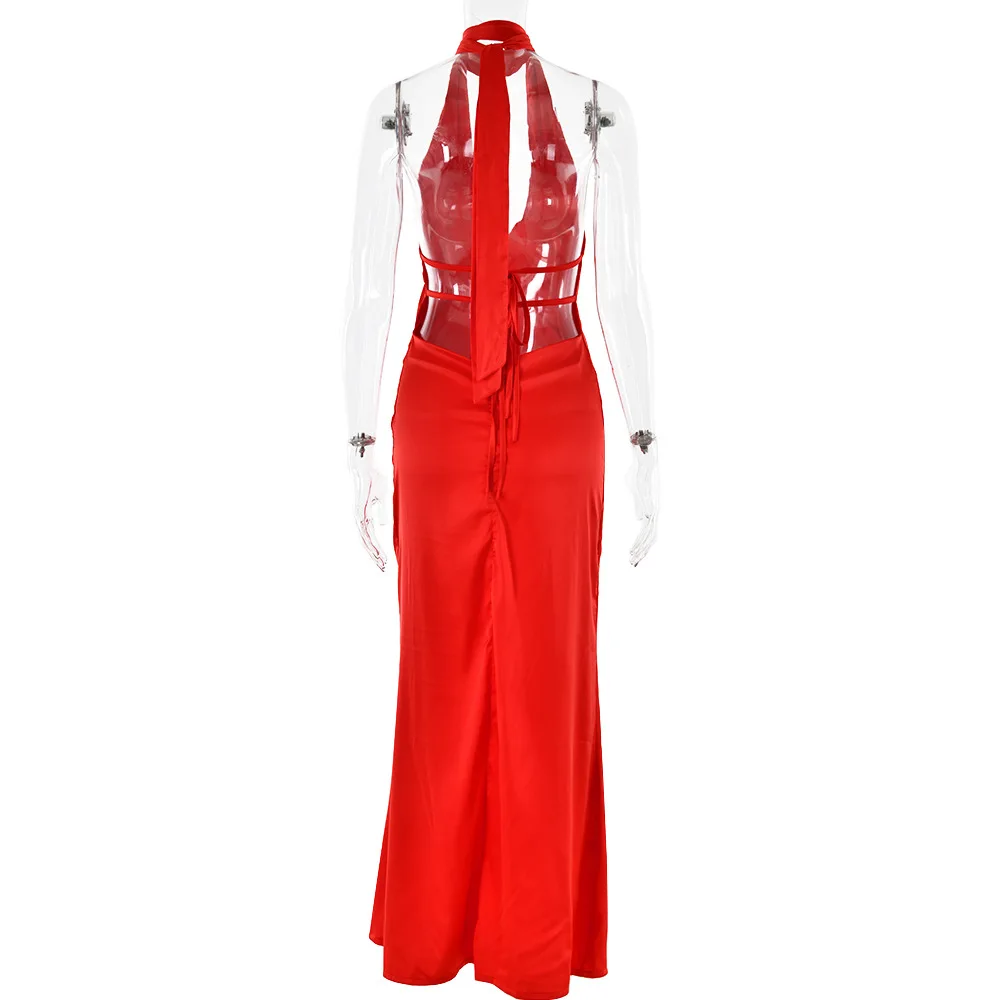 2025 สีแดงซาตินฤดูร้อนชุดผู้หญิงเซ็กซี่Backless Slim Maxi Holiday Beach Dresses Elegant Halter Evening Partyชุด