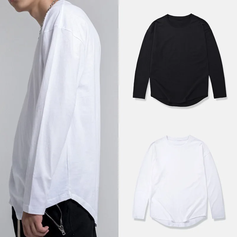 Men's Spring and Autumn Fashion Long Sleeved Bottom Shirt Arc Hem Hip Hop Round Neck T-shirt Solid Color Street Dance T-shirt