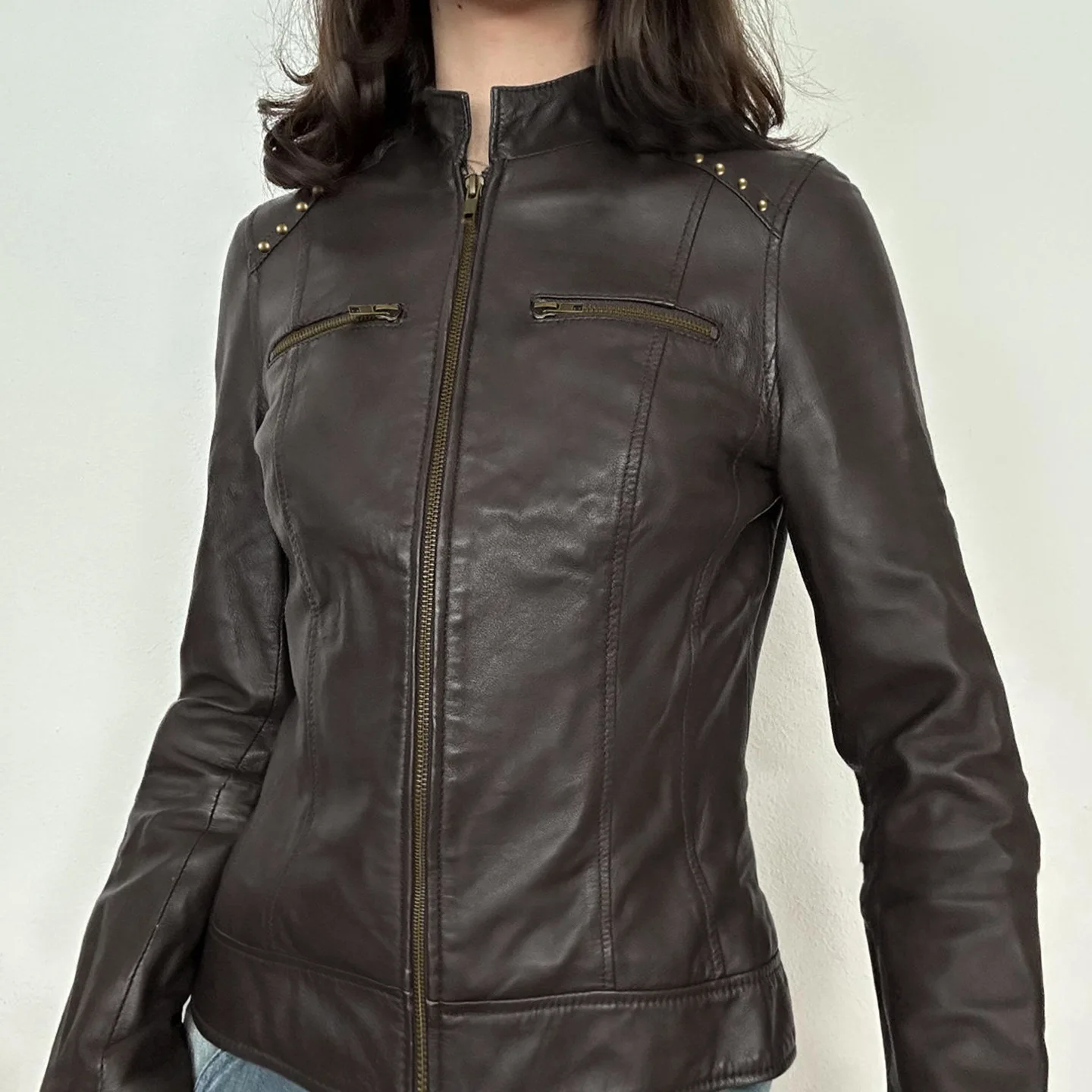 Cool Street Style Motorcycle Windbreaker Long Sleeve Leather Jacket Women's Slim Fit Pocket Partition Design Retro Hot Girl Coat